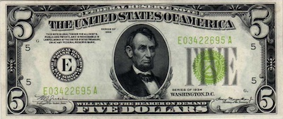 Small Size $5 Federal Reserve Notes Paper Money