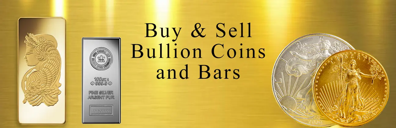 Silver and Gold Bullion coins in a gold background.Prominently ,the phrase Buy Bullion.