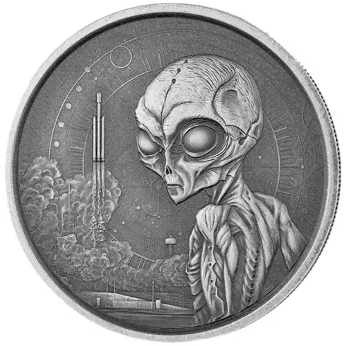 2021 Republic of Ghana 1 oz Antiqued Silver 5 Dollar Space Alien BU Coin (In Capsule) (3)